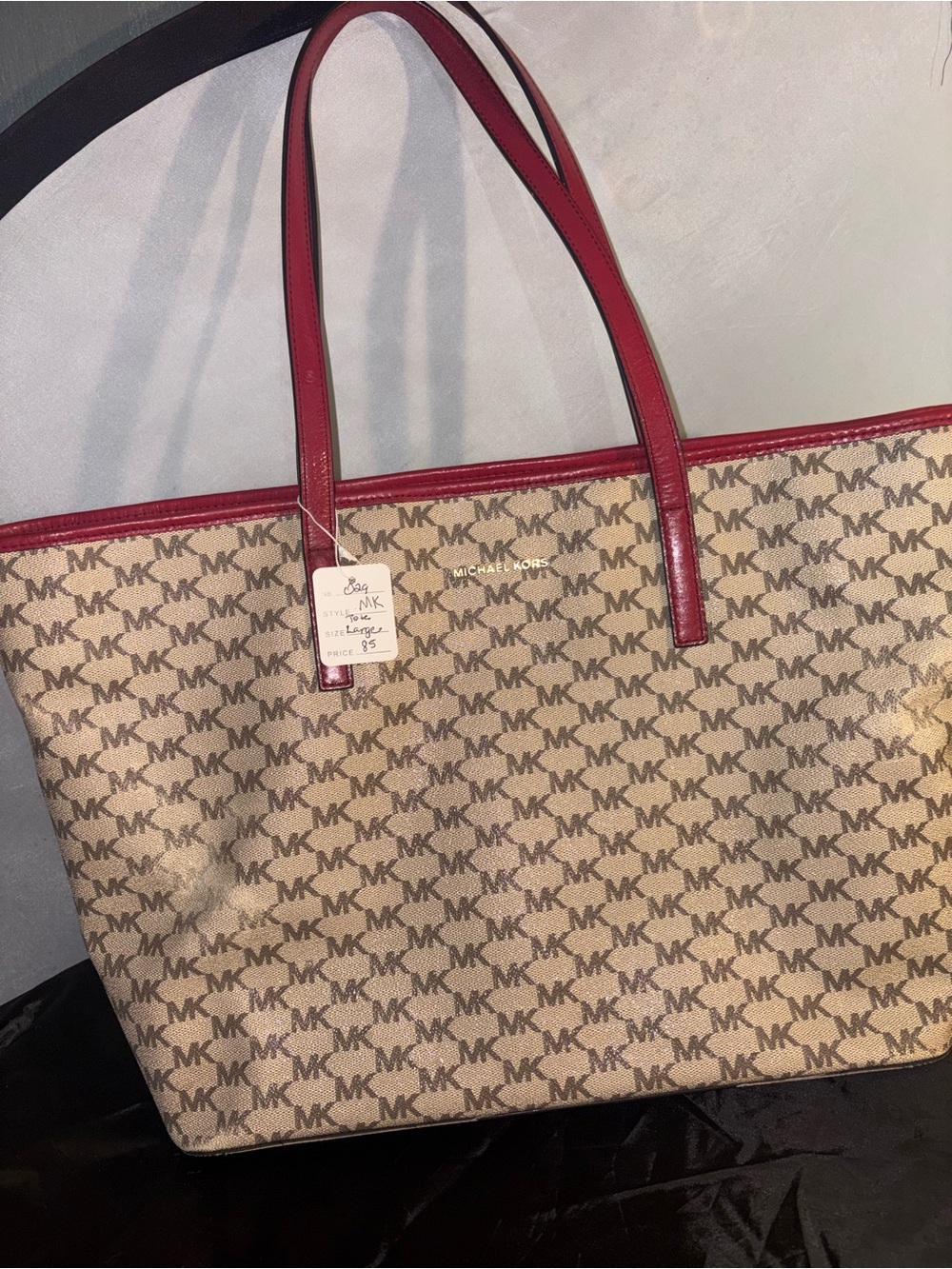 Michael Kors Beige MK Logo Tote with Red Trim and Handles
